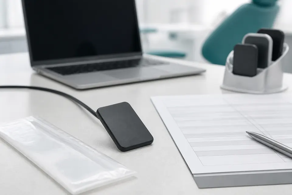 Generic wired dental X-ray sensor on a procurement desk