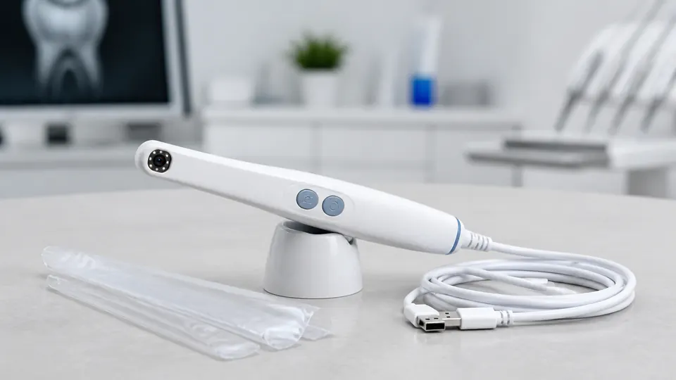 Generic wired intraoral camera with USB cable, holder, and disposable sheaths