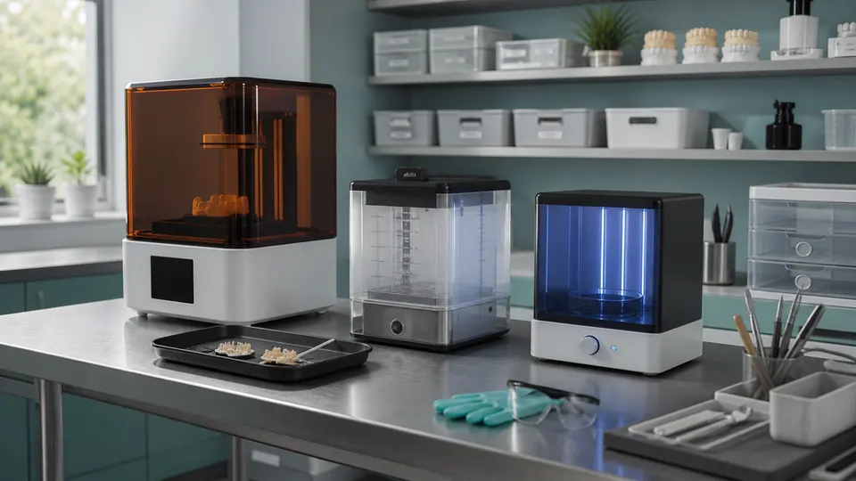 Editorial dental 3D printing workstation with generic printer, washing unit, curing unit, tools and protective equipment