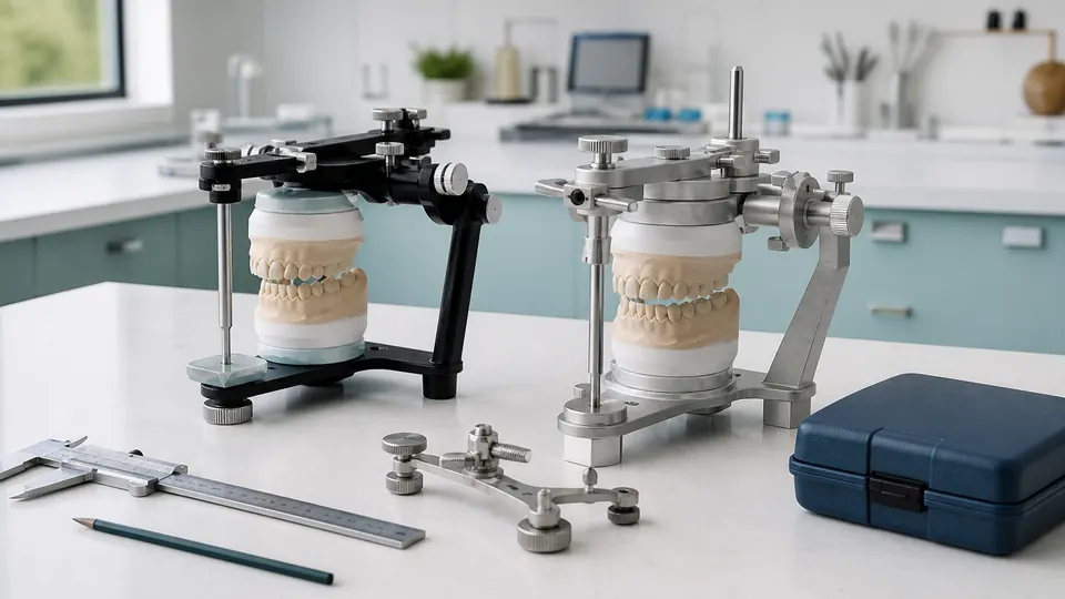 Two unbranded semi-adjustable dental articulators with generic dental casts