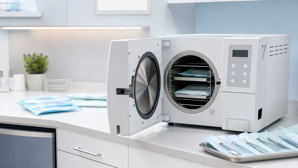 Brandless dental autoclave and sterilization equipment on a clean clinical counter