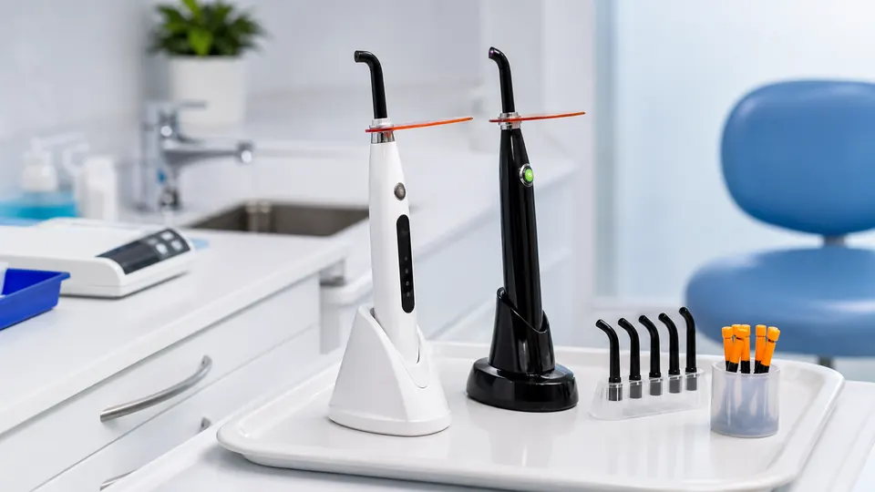 Brandless dental curing lights and accessories on a clean tray