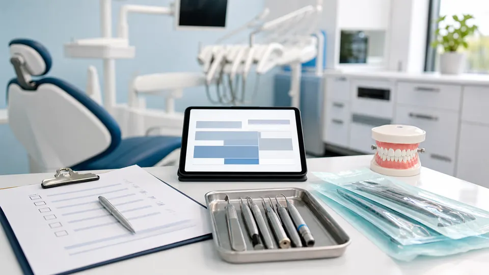 Dental practice equipment planning desk with checklist and core clinical tools