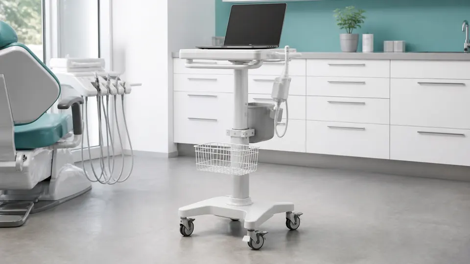 Unbranded mobile dental equipment trolley with laptop tray and scanner holder
