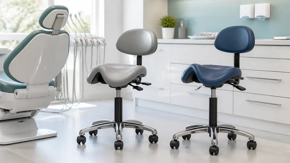 Two unbranded saddle-style operator stools beside a dental chair