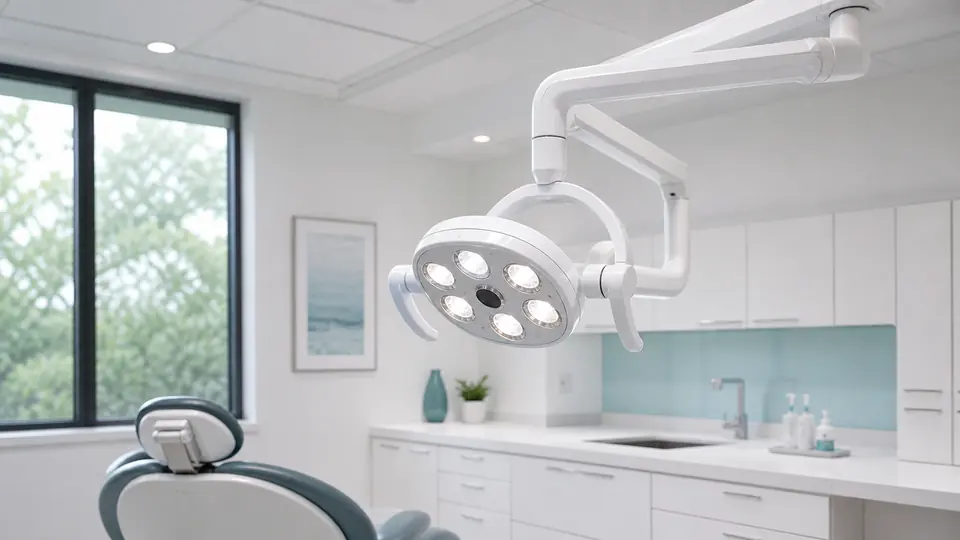 Brand-neutral ceiling-mounted LED dental exam light in a modern unoccupied operatory