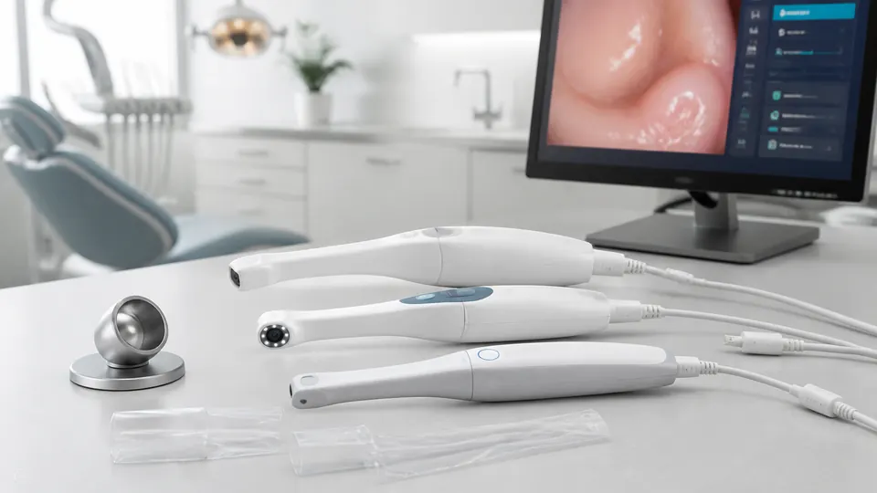 Three generic wired intraoral cameras with protective sheaths beside a dental workstation