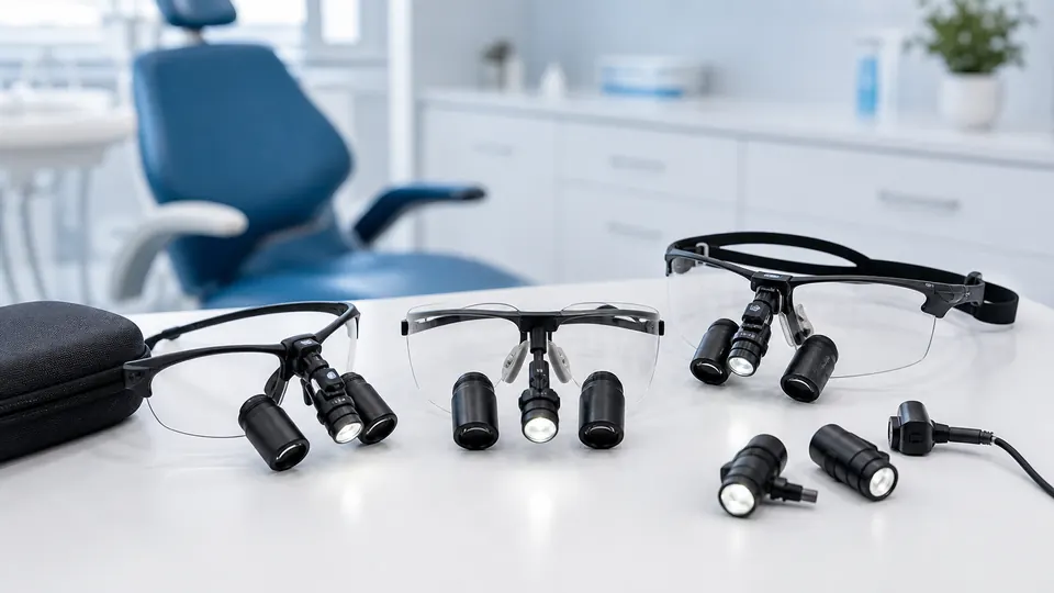 Brandless dental loupes and headlight options on a clean clinical desk
