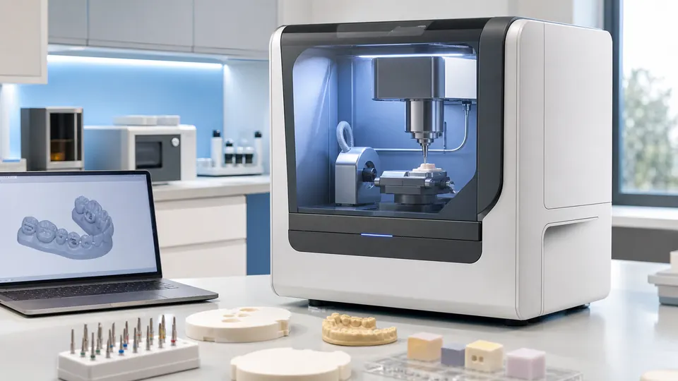 Brandless dental milling machine with CAD CAM workflow objects