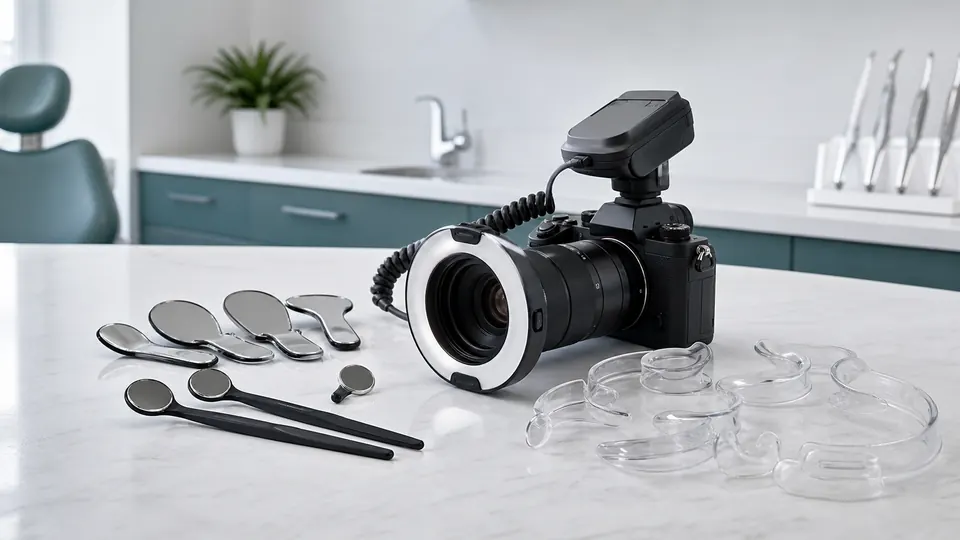 Unbranded camera, macro light, dental mirrors, and retractors arranged for dental photography