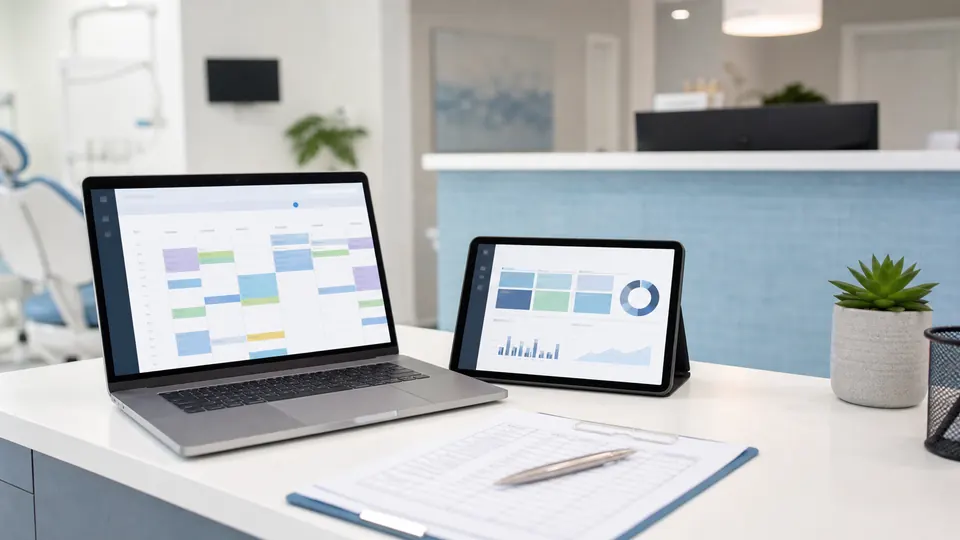 Generic dental practice management software workstation with abstract dashboards