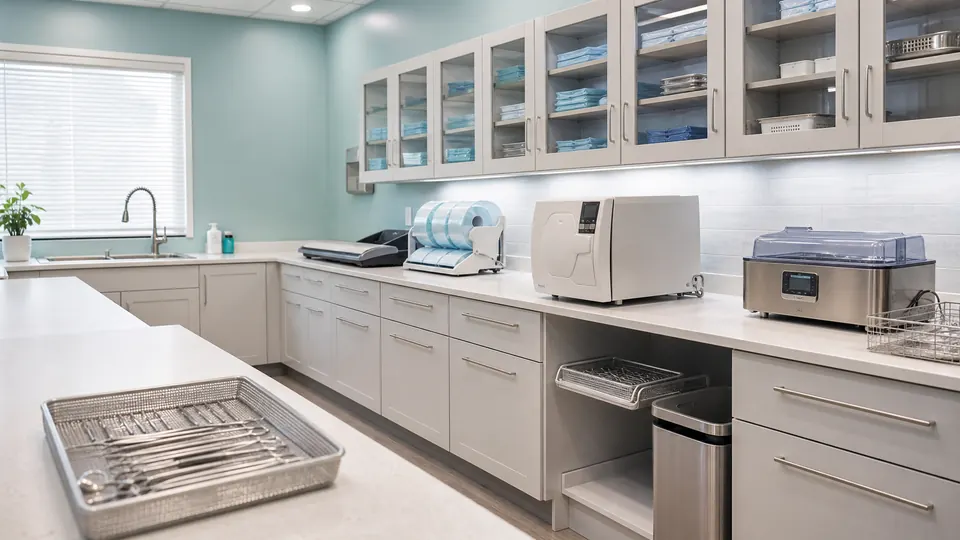 Editorial dental instrument-processing room with generic sterilizer, ultrasonic cleaner, packaging equipment and storage