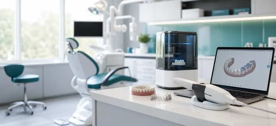 Digital dentistry and dental 3D printing equipment on a clean workstation