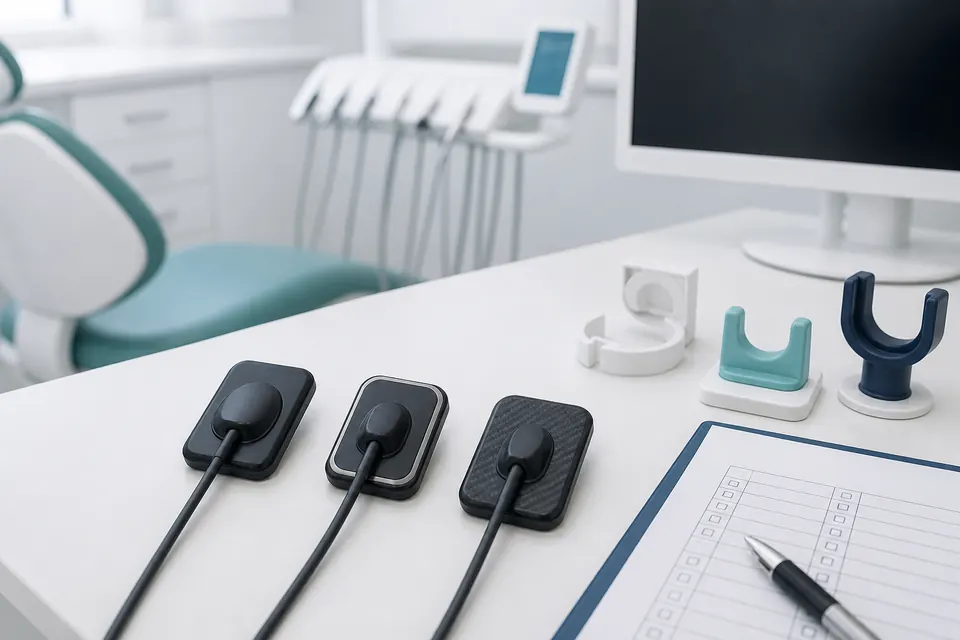 Several generic wired dental X-ray sensors arranged for comparison