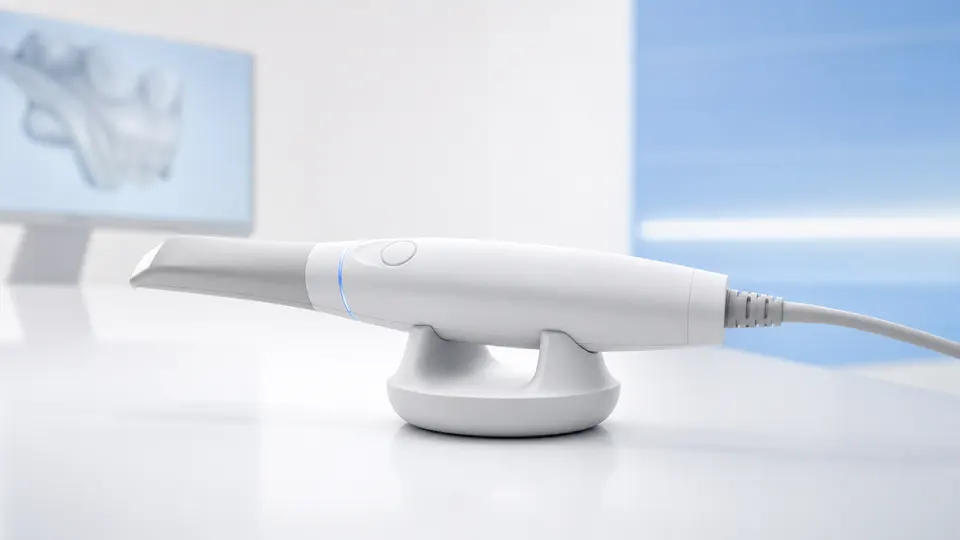 Modern intraoral scanner handpiece on a clean dental technology surface