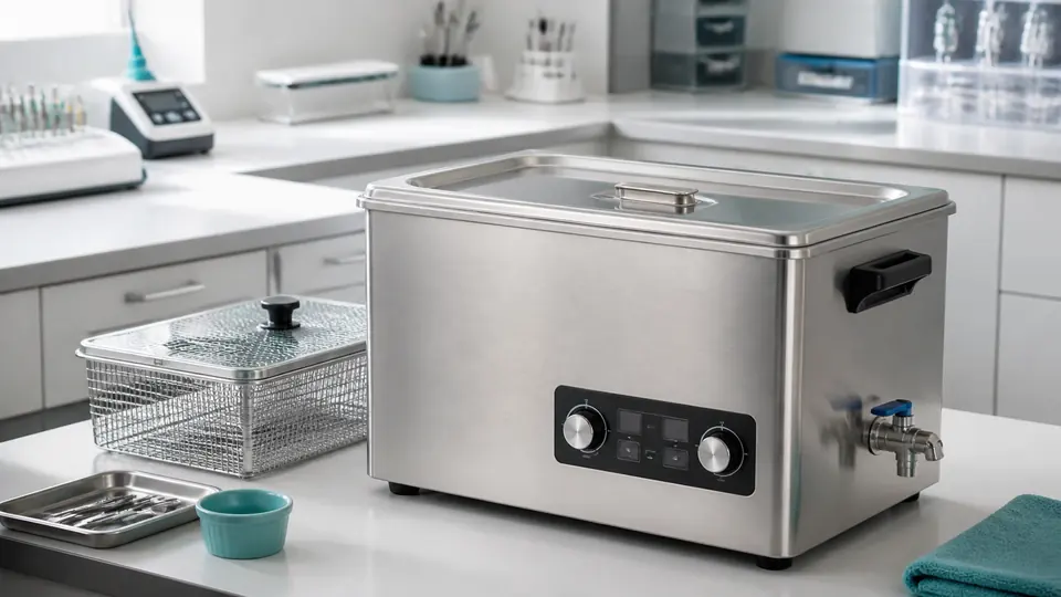Brand-neutral stainless-steel ultrasonic cleaner at an organized dental laboratory workstation