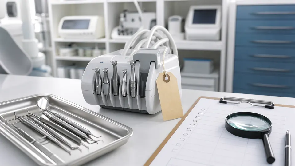 Clean used dental equipment inspection scene with checklist and instruments